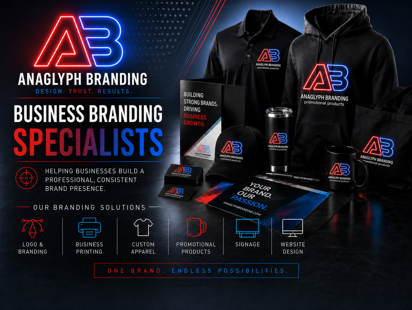 Anaglyph Branding business branding specialists — apparel, promotional products, signage, and print materials