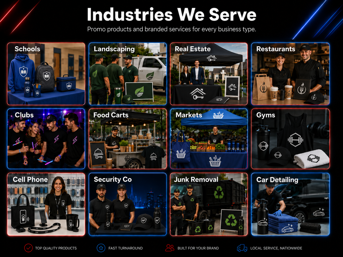 Industries We Serve — Schools, Landscaping, Real Estate, Restaurants, Clubs, Food Carts, Markets, Gyms, Cell Phone, Security, Junk Removal, and Car Detailing