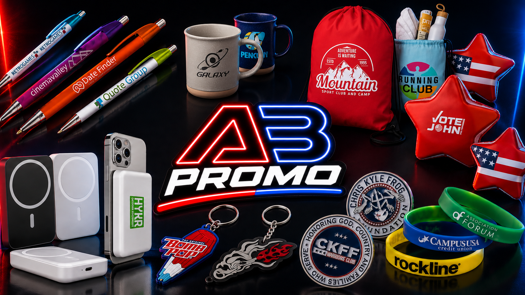 Assorted branded promotional products from AB Promo