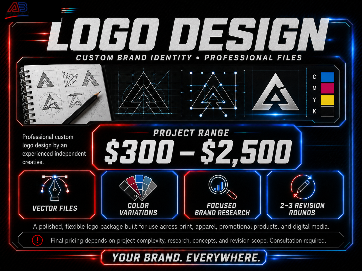 Logo Design — Custom brand identity and professional files. Project range $300–$2,500.