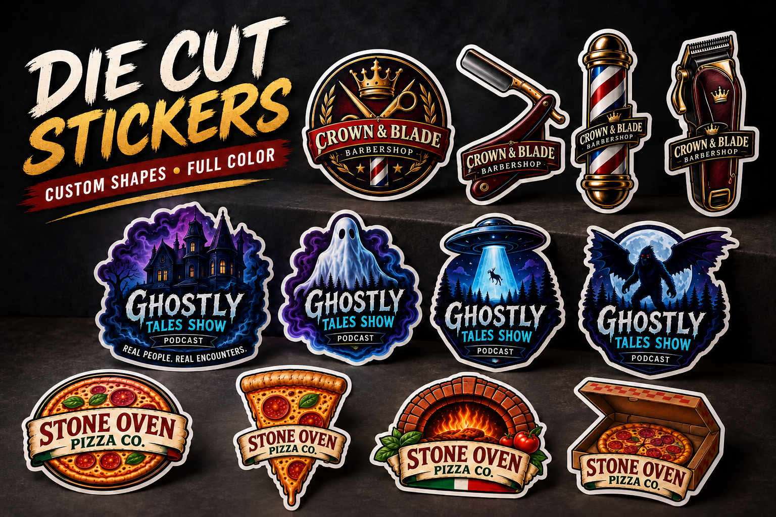 Full-color custom die-cut sticker collection for barbershops, podcasts and pizza shops