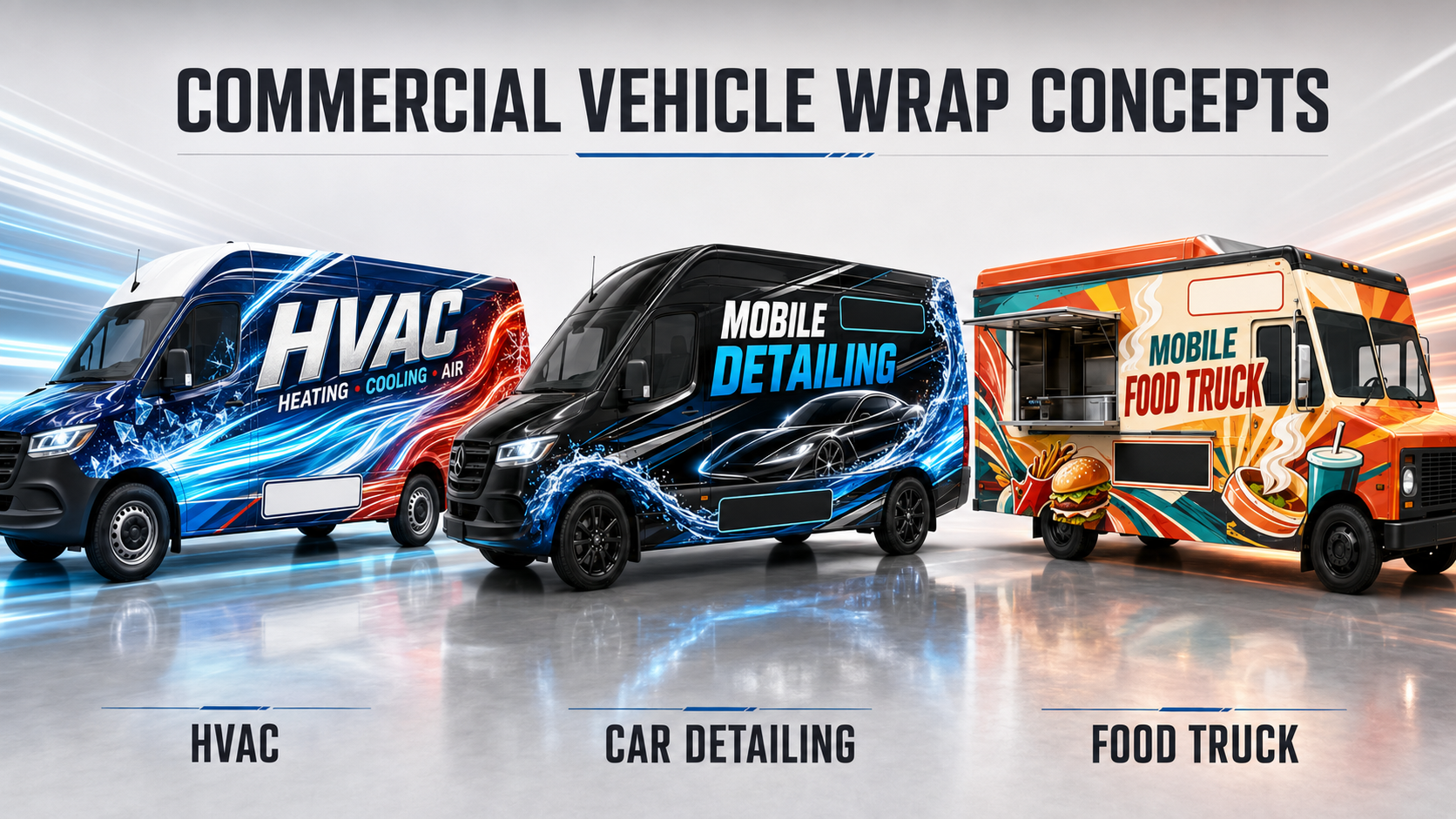 Commercial vehicle wrap concepts for HVAC, car detailing, and food truck businesses