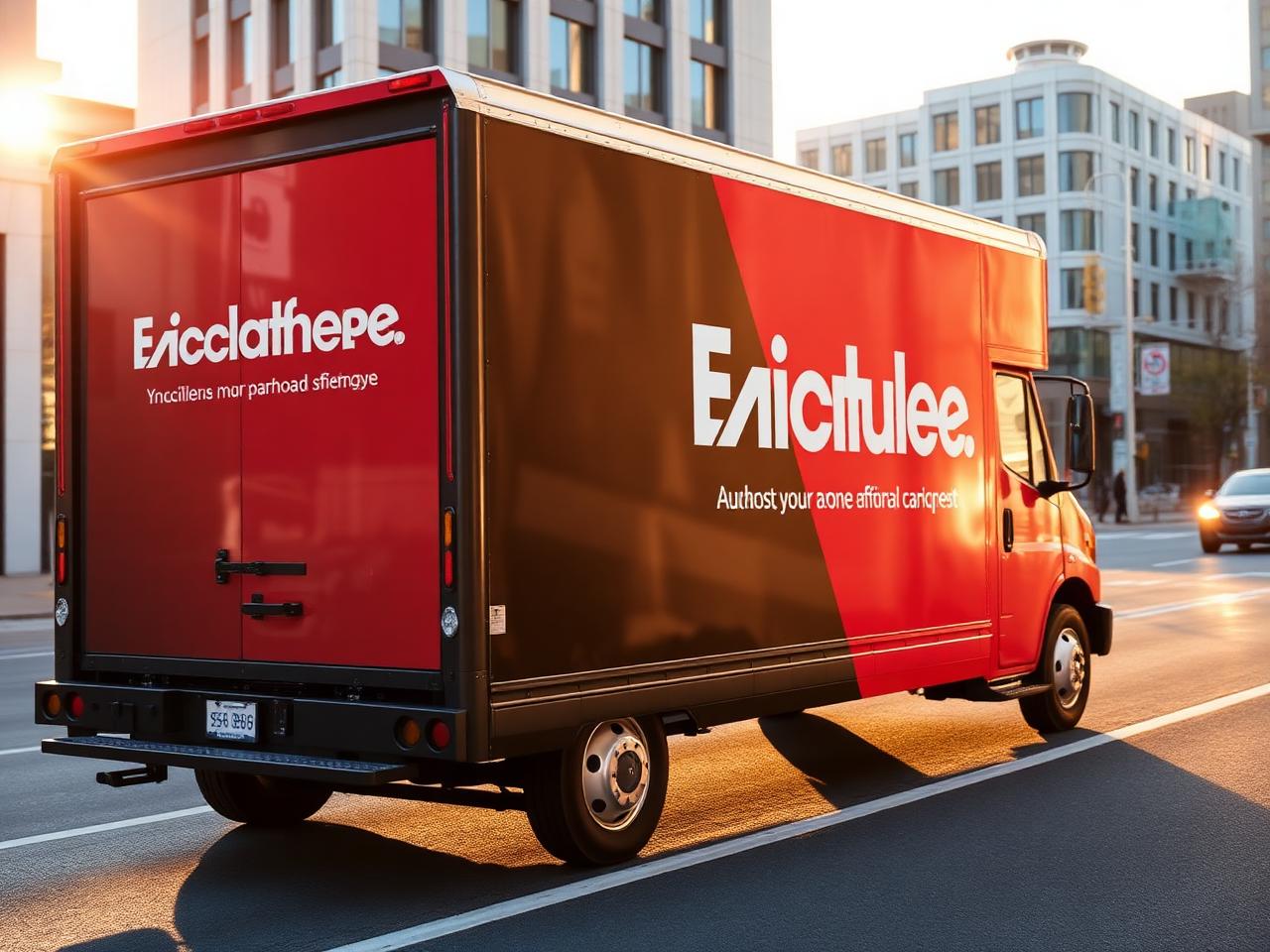 Red and black full box truck wrap on a city street