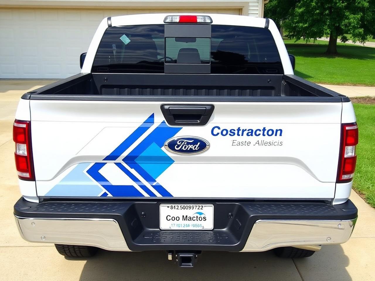 Contractor pickup truck with blue and white partial wrap graphics