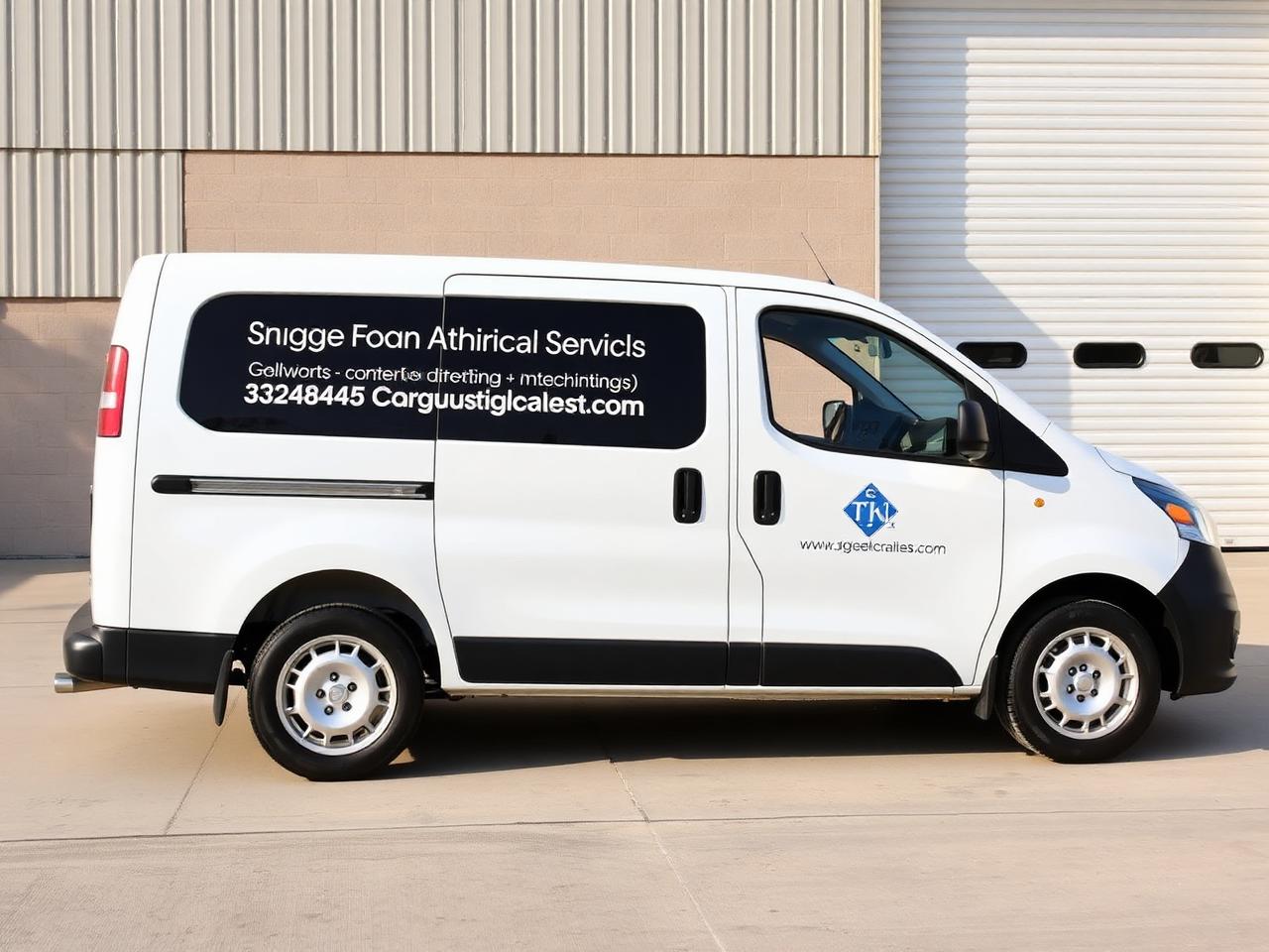 White cargo van with cut vinyl lettering and logo